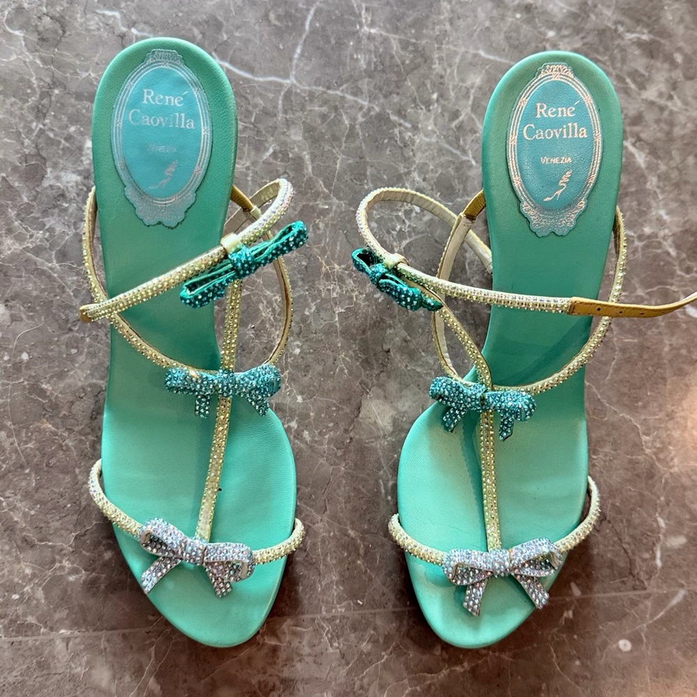 Rene Caovilla Turquoise Crystal Bow Strappy Heels